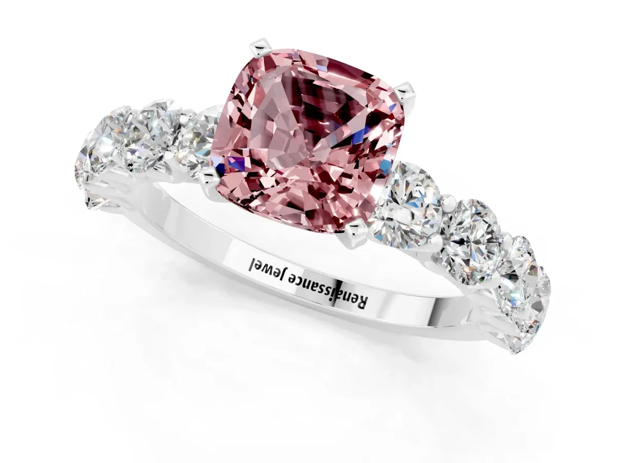 Cushion Cut Morganite Prong Setting with Side Stones on a Pave Band Silver