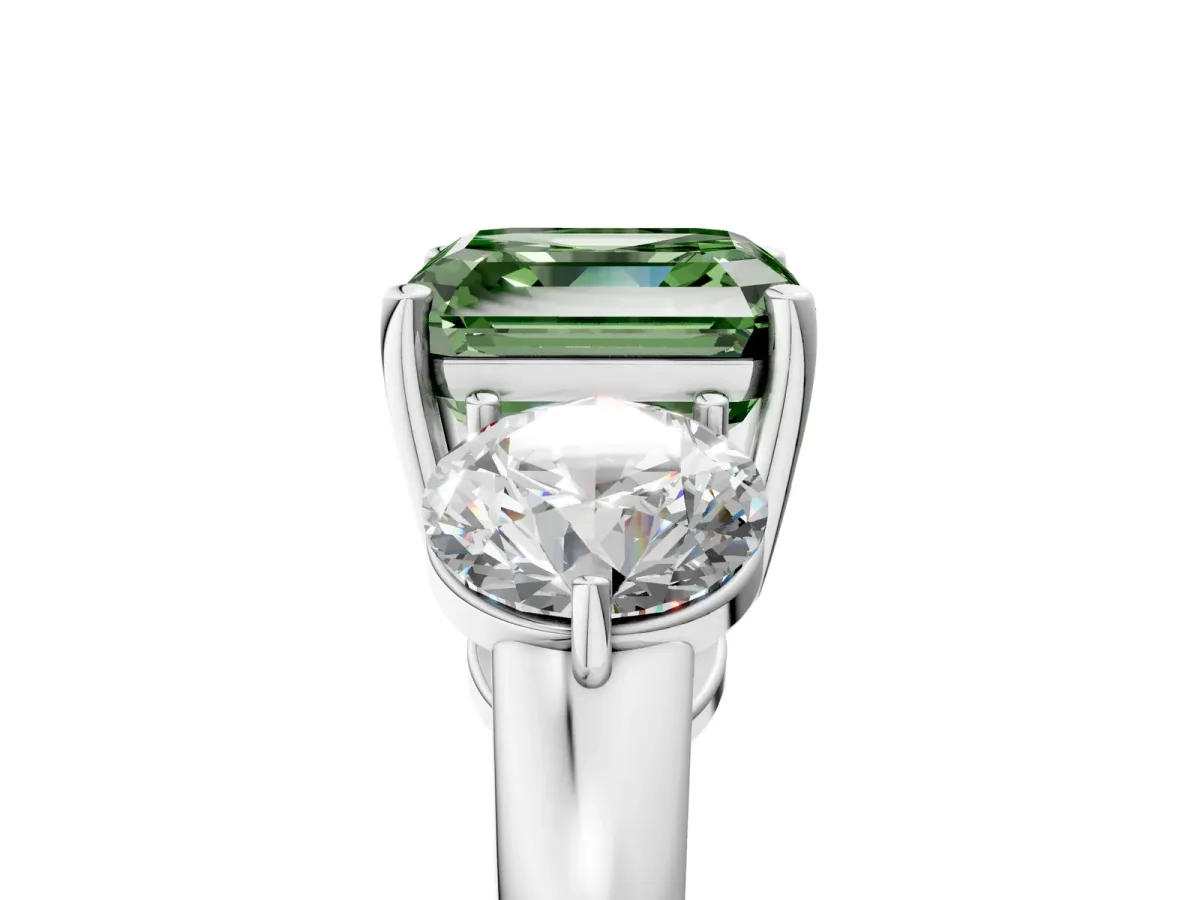 Fancy Green Asscher Cut Diamond Three-Stone Ring with Prong Setting and Classic Band Platinum