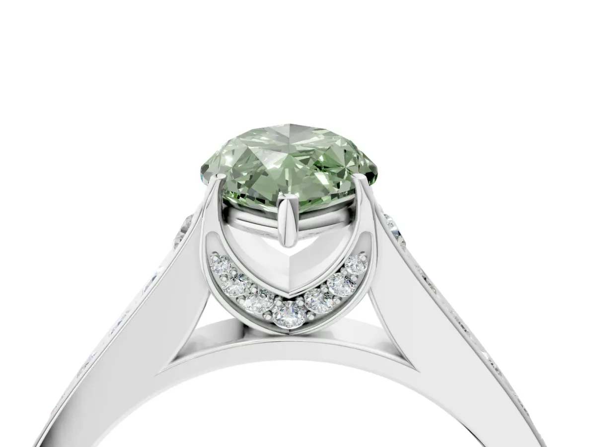 Fancy Green Marquise Cut Brilliant Cut Diamond Engagement Ring with Pavé Band and Four-Prong Setting Platinum