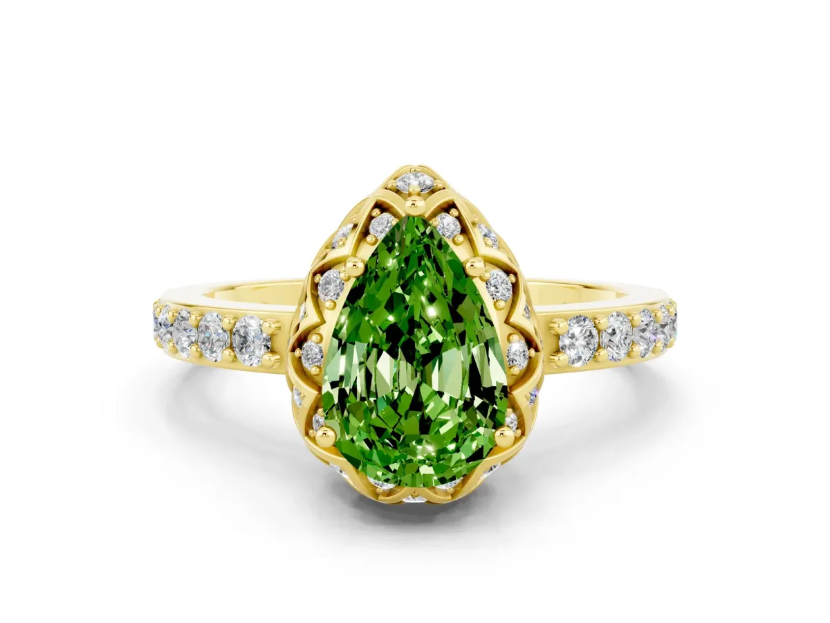 Pear Cut Peridot Scalloped Halo Engagement Ring with Round Shared Prong Band Yellow gold