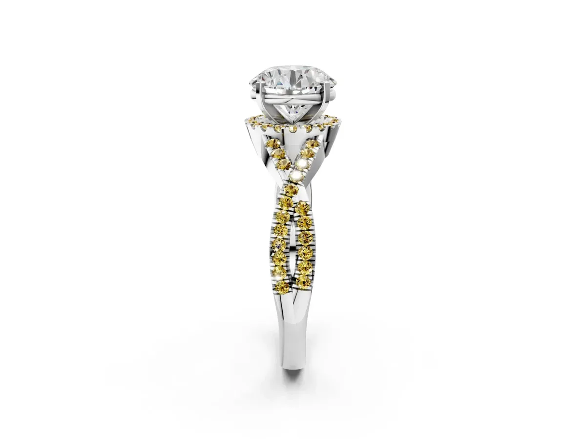 Round Cut Diamond Yellow Sapphire Halo Twist Band Solitaire Prong Setting Ring White gold