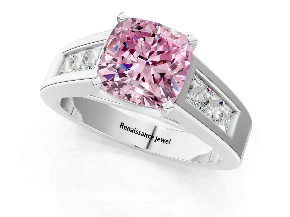 Fancy Pink Cushion Cut Cut Channel Set Solitaire Ring with Four-Prong Setting Platinum