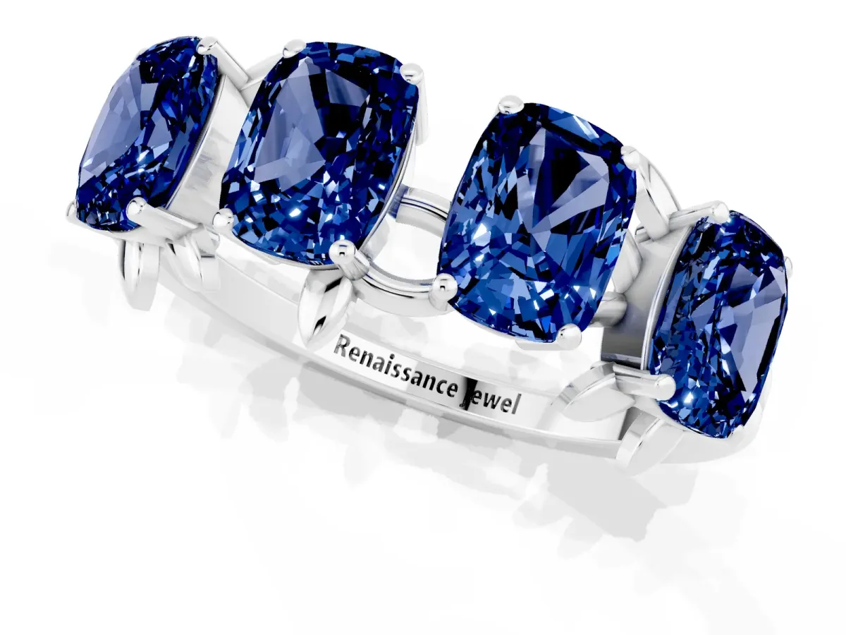 Four-Stone Elongated Cushion Blue Sapphire Band with Nature-Inspired Prong Setting White gold