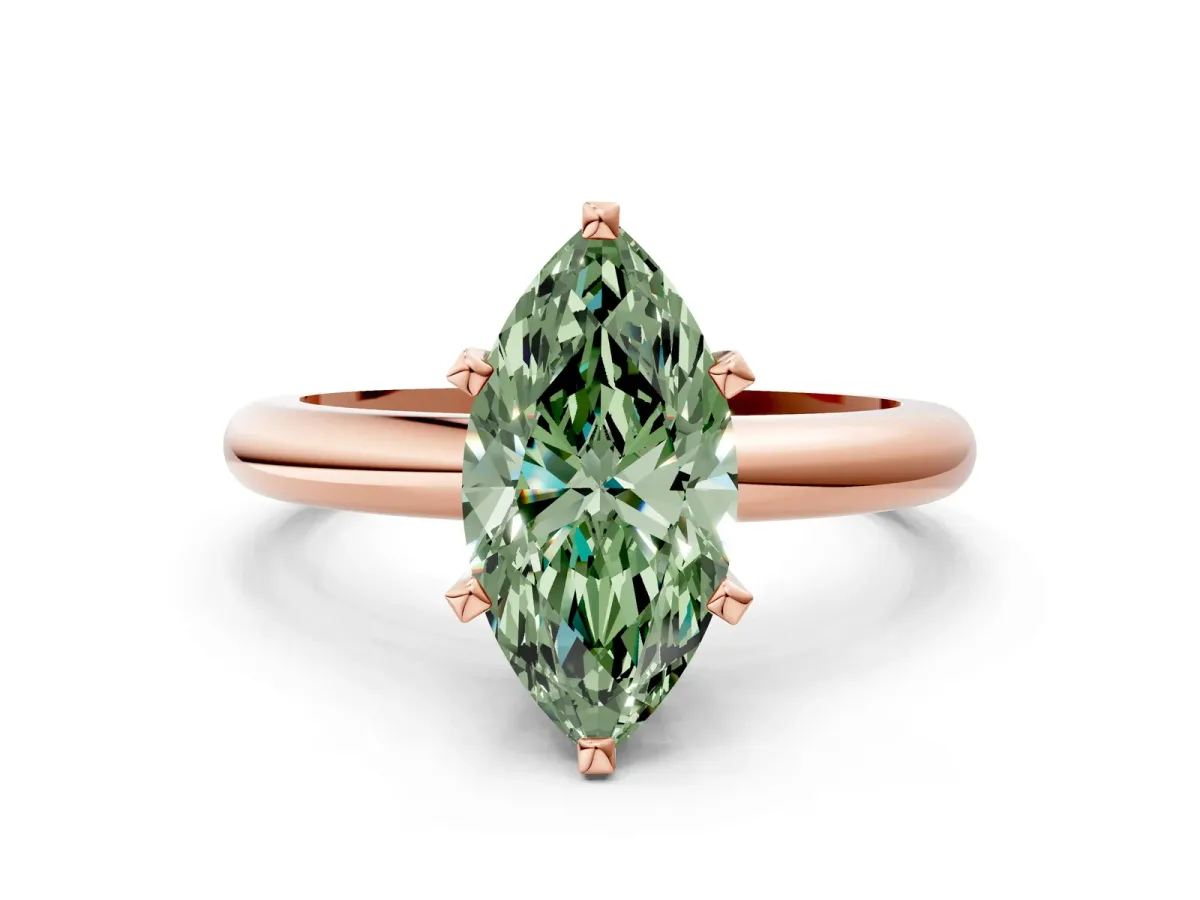 Fancy Green Marquise Cut Diamond Solitaire Engagement Ring with Round Band and Four-Prong Setting Rose gold