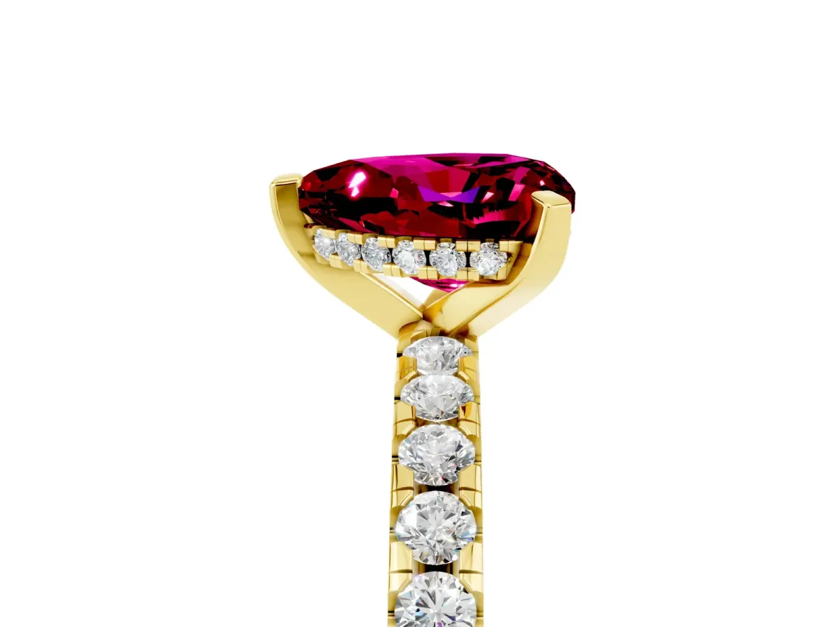 Heart Cut Garnet Solitaire Ring with Round Pavé Band and Four-Prong Setting Yellow gold