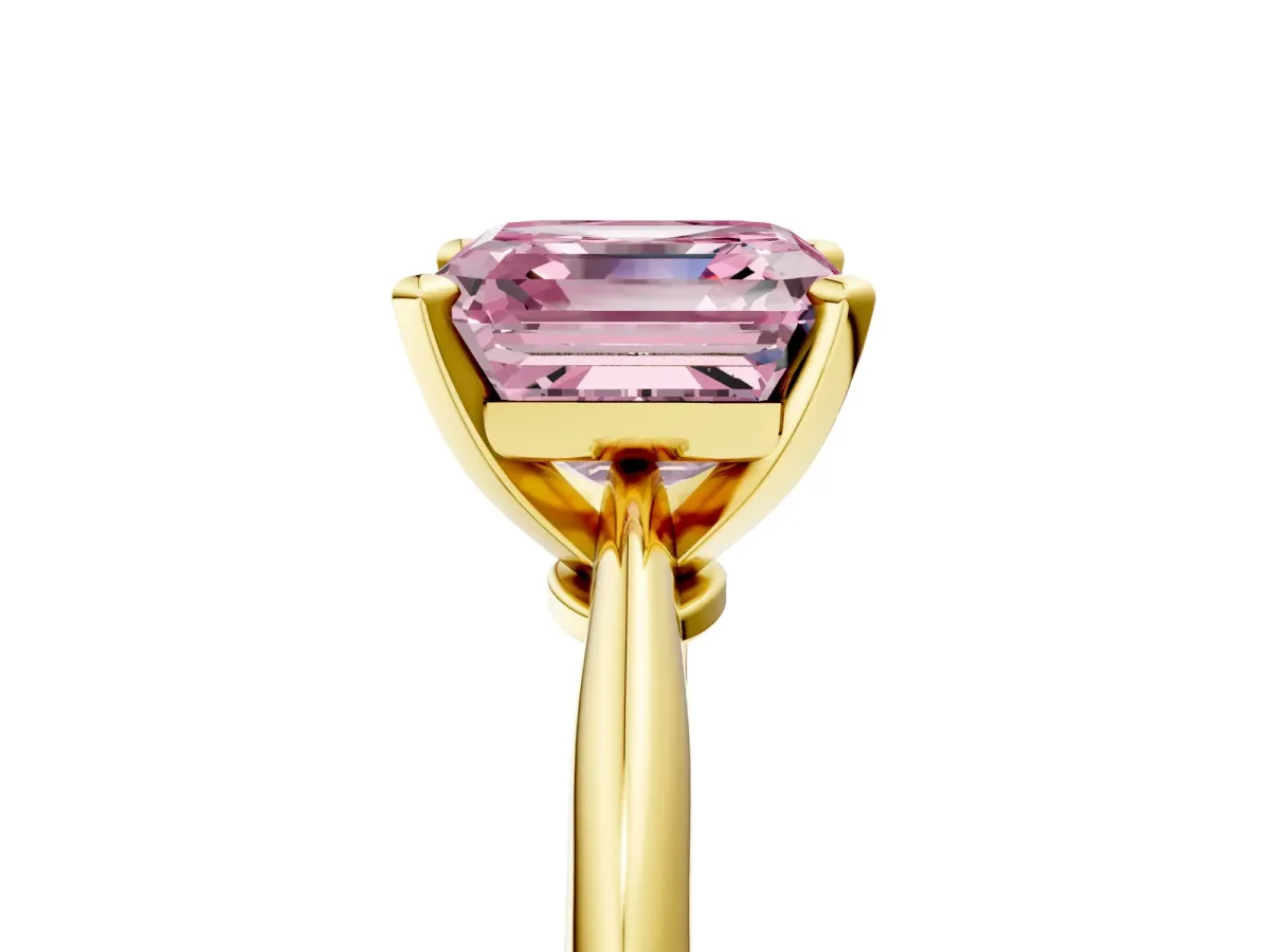 Fancy Pink Asscher Cut Diamond Solitaire Engagement Ring with Classic Band and Four-Prong Setting Yellow gold