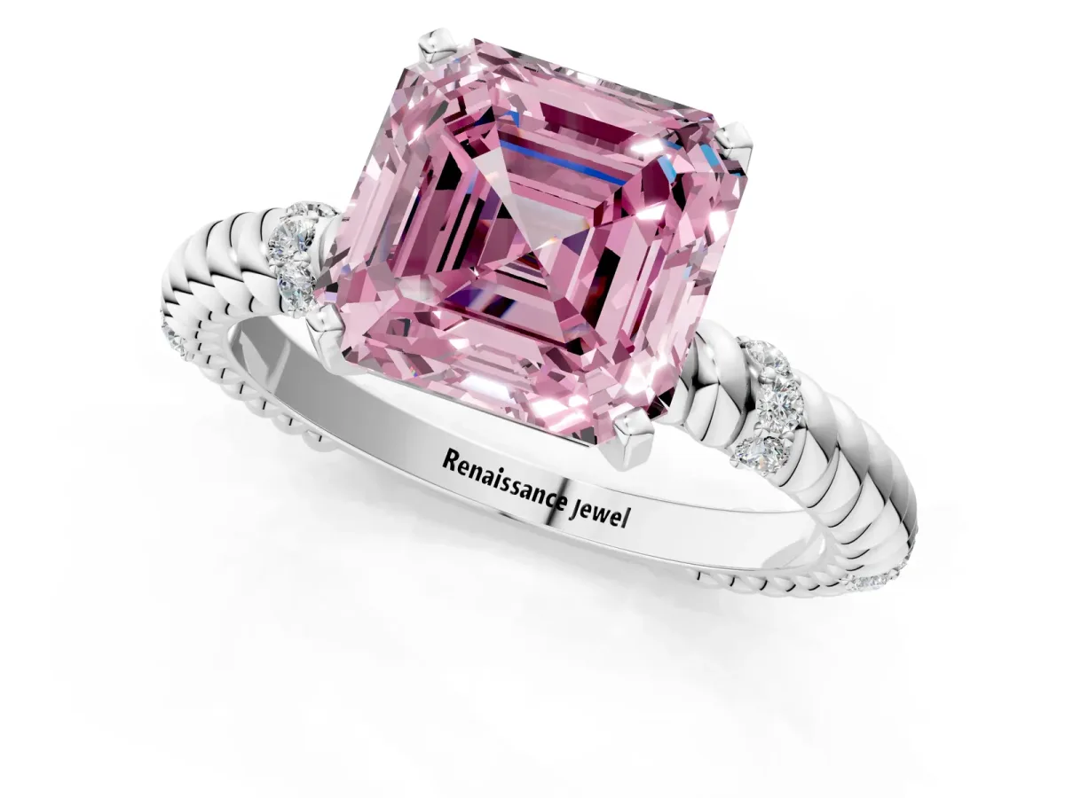 Fancy Pink Asscher Cut Solitaire Twisted Band Prong Set Engagement Ring Platinum