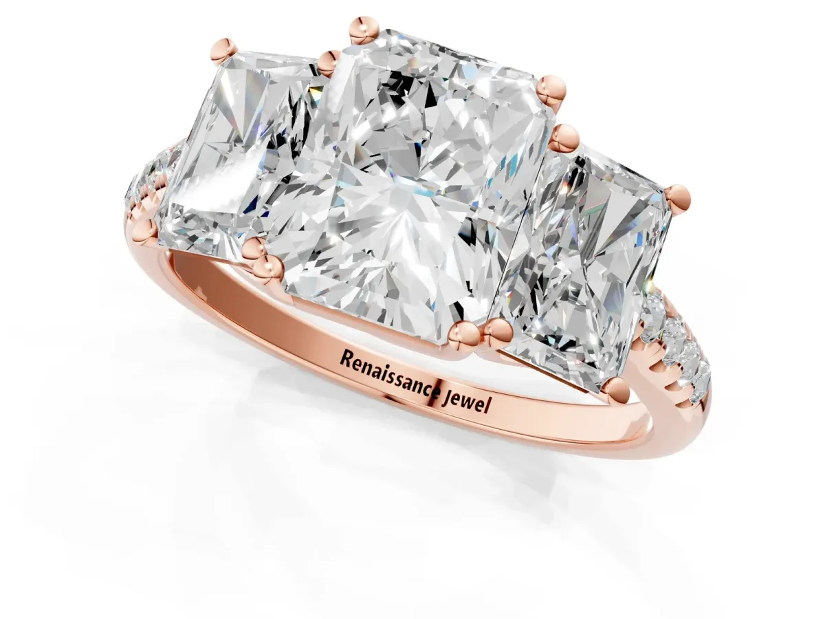 Three-Stone Radiant Cut Diamond Ring with Round Moissanite Pavé Band and Prong Setting Rose gold