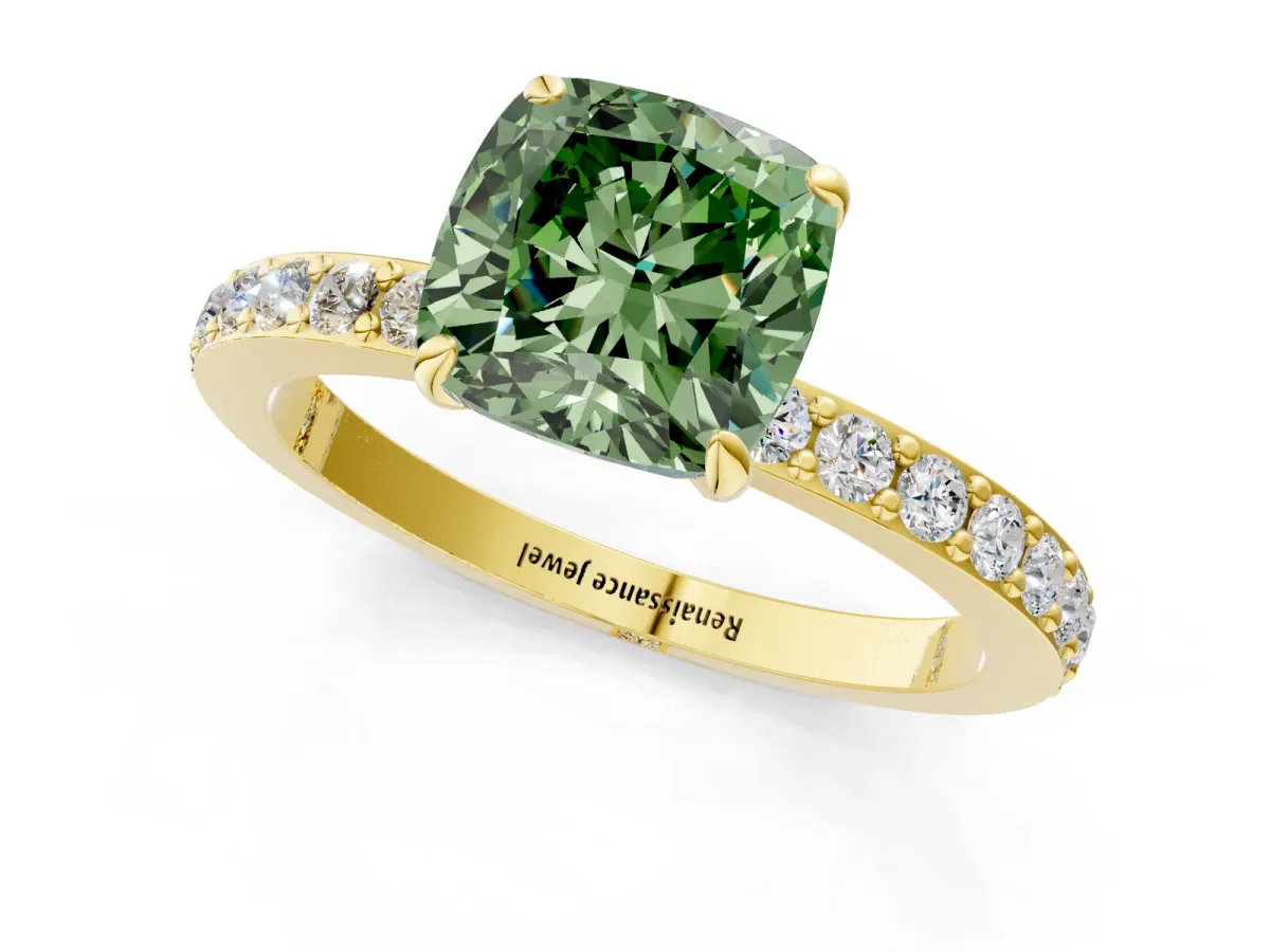 Fancy Green Cushion Cut Diamond Solitaire Engagement Ring with Pavé Band and Four-Prong Setting Yellow gold