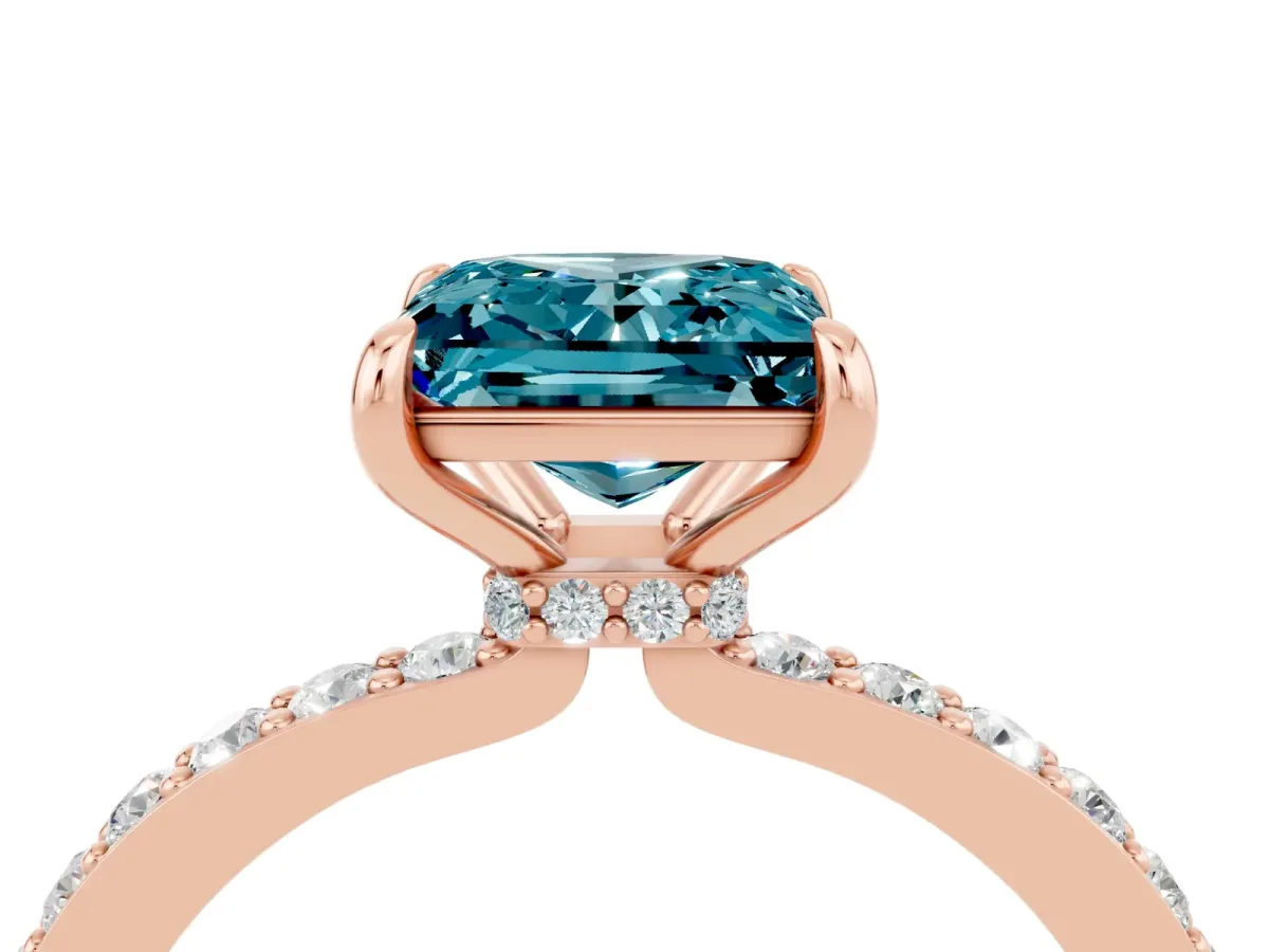 Princess Cut Blue Topaz Solitaire Engagement Ring with Pavé Band and Four-Prong Setting Rose gold