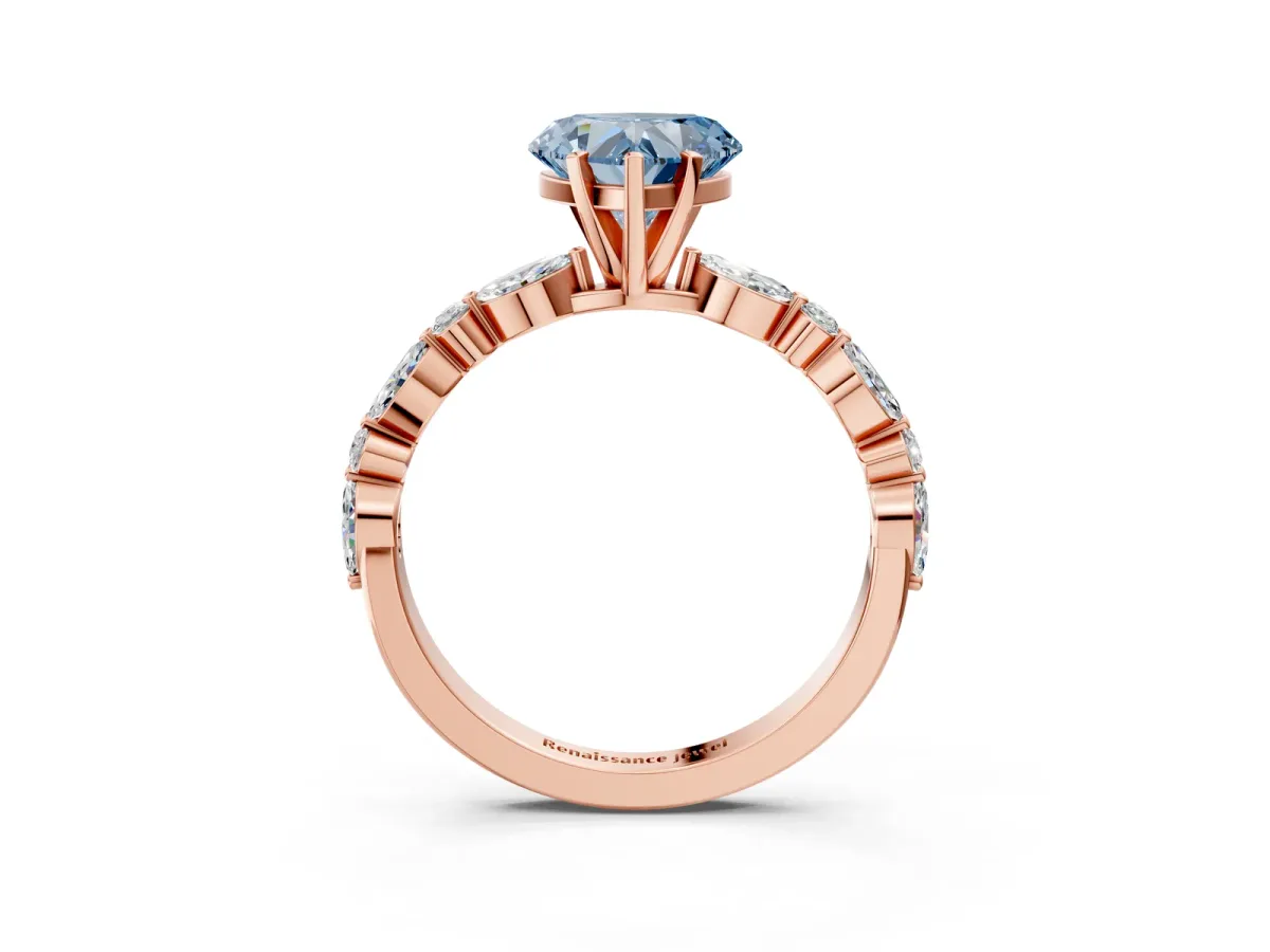 Fancy Blue Heart Cut Diamond Ring with Marquise and Round Side Stones and Four-Prong Setting Rose gold