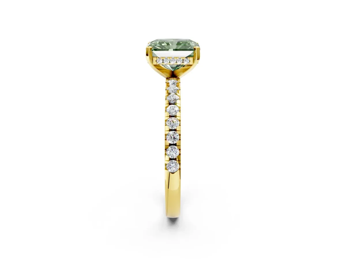 Fancy Green Radiant Cut Diamond Solitaire Ring with Round Pavé Band and Four-Prong Setting Yellow gold