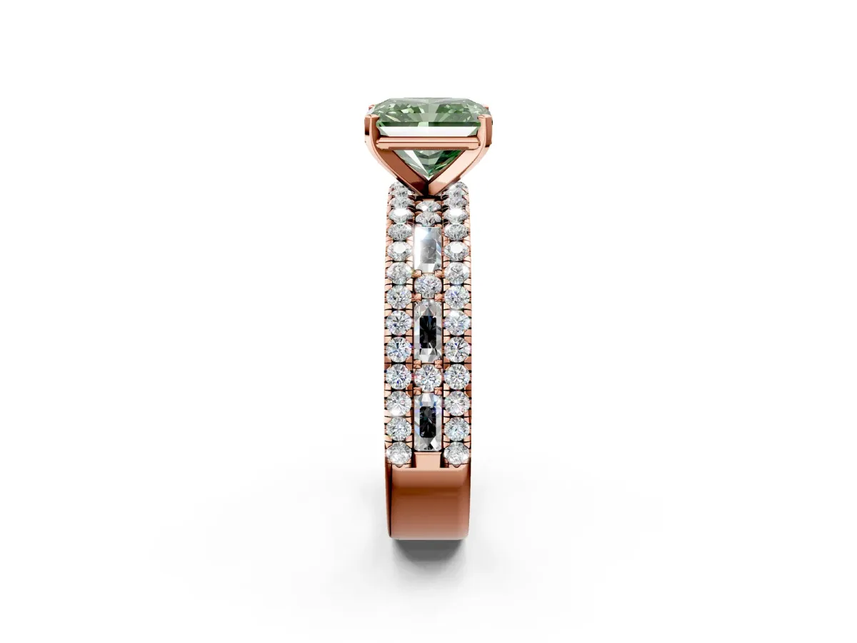 Fancy Green Radiant Cut Diamond Solitaire Ring with Pavé and Channel Set Band Rose gold