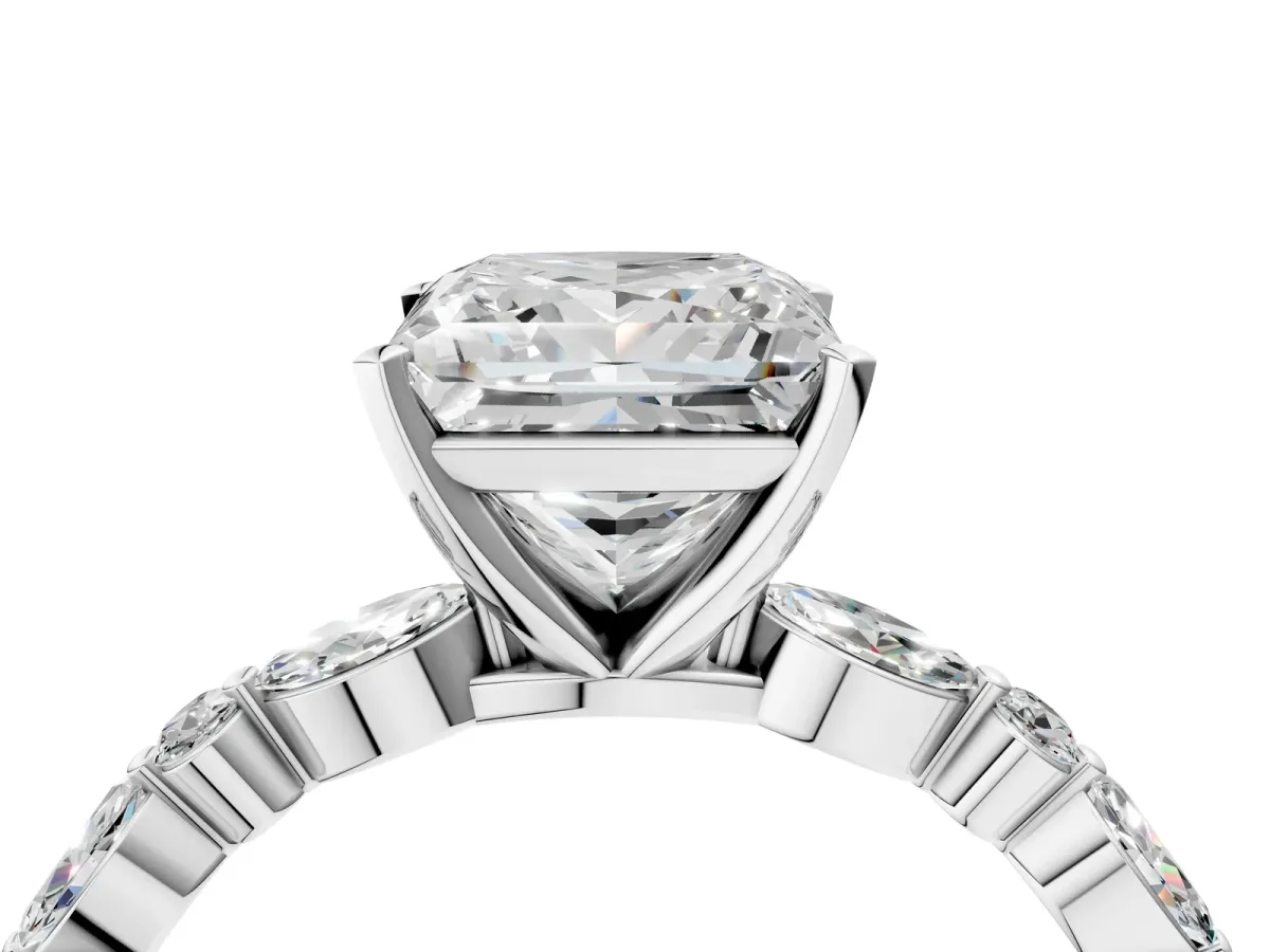 Princess Cut Diamond Ring with Marquise and Round Moissanite Side Stones and Four-Prong Setting Silver