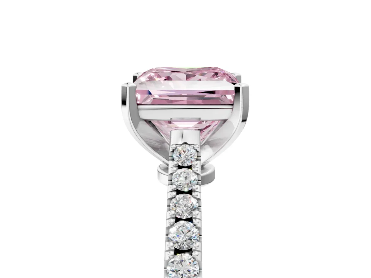 Fancy Pink Princess Cut Cut Solitaire Diamond Engagement Ring with Pave Band and Four-Prong Setting White gold