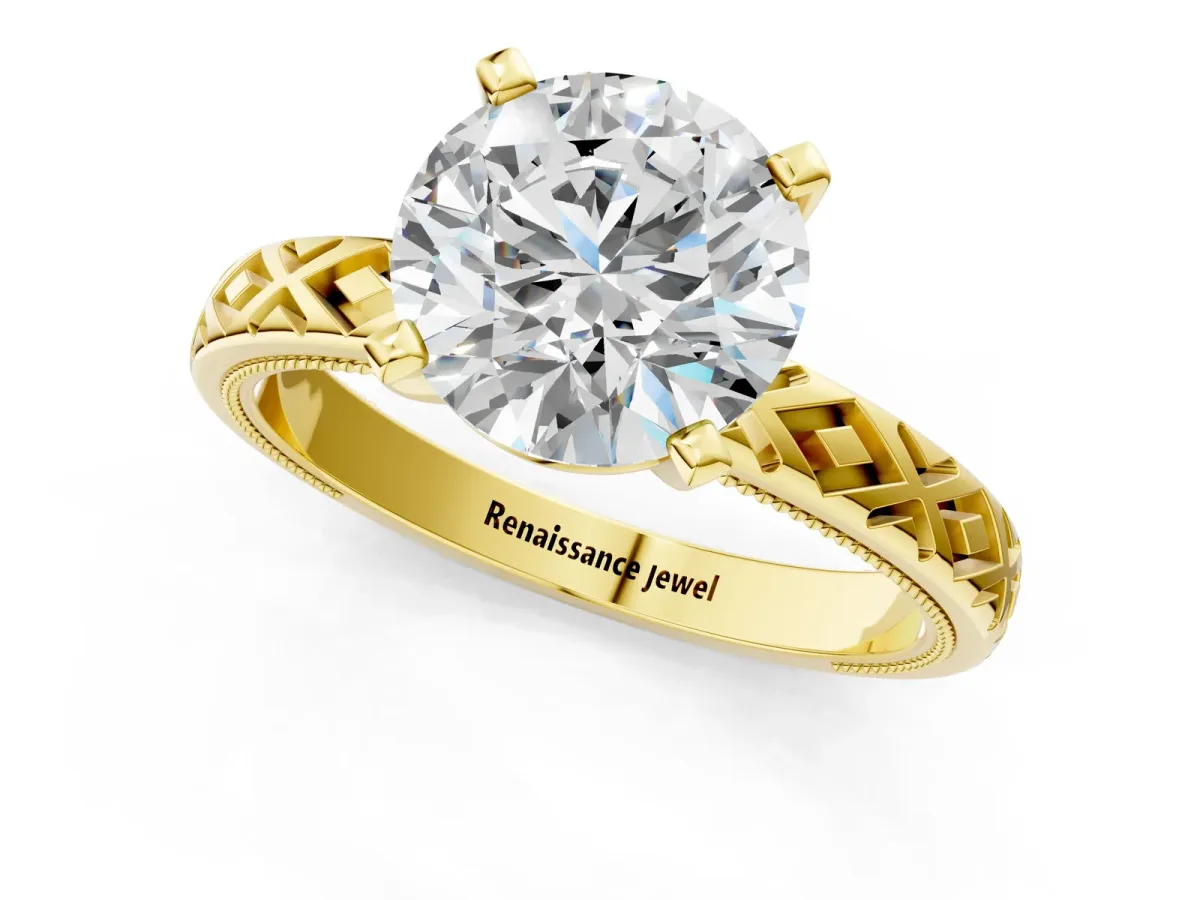 Round Cut Solitaire Diamond Ring with Milgrain and Black Enamel X Pattern Band Yellow gold