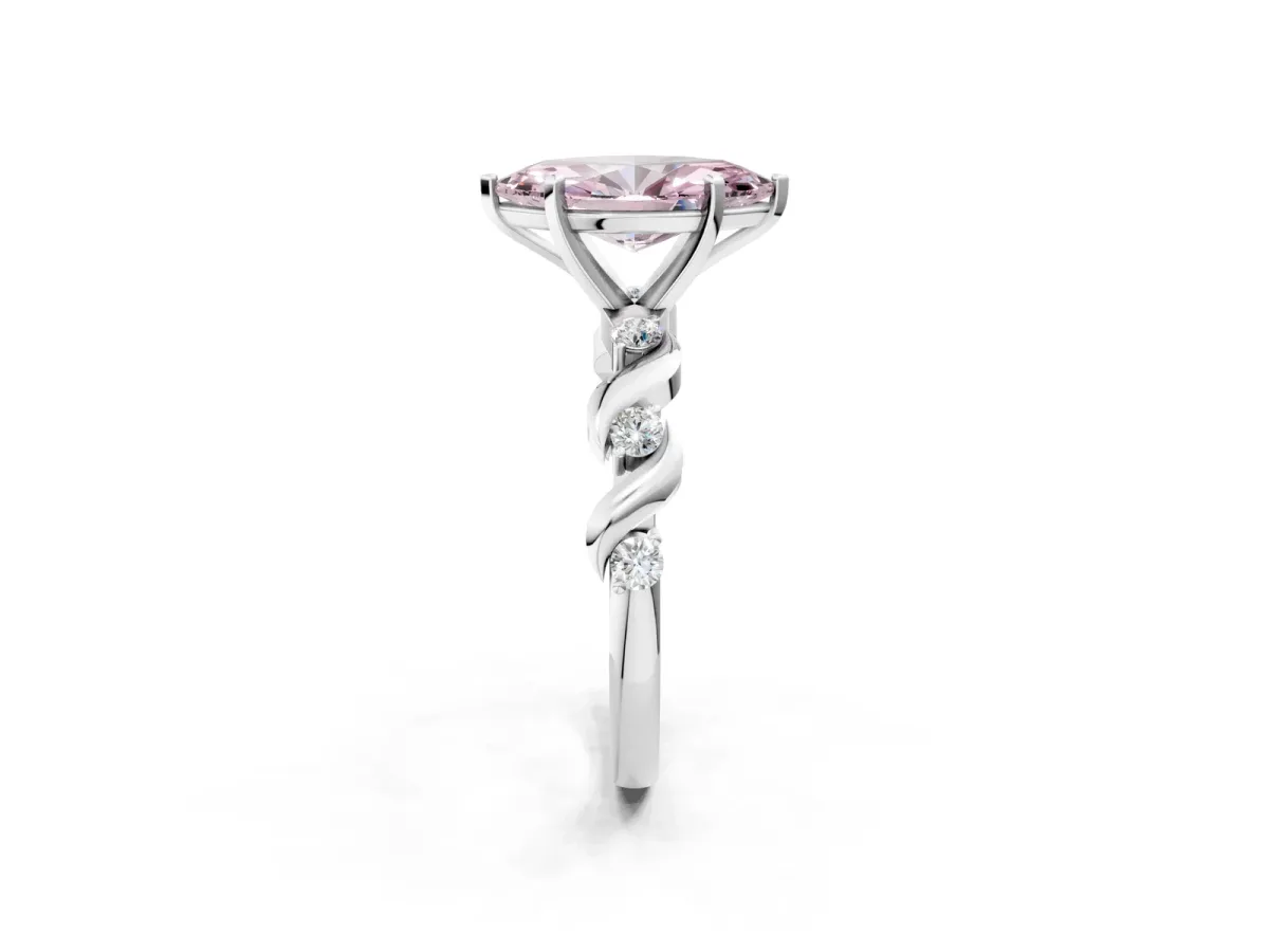 Fancy Pink Marquise Cut Diamond Solitaire Twisted Band with Round Accents and Prong Setting White gold
