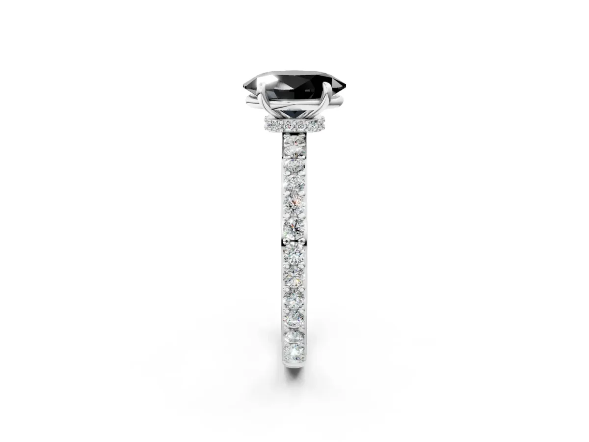 Fancy Black Oval Cut Diamond Solitaire Engagement Ring with Pavé Band and Four-Prong Setting Silver