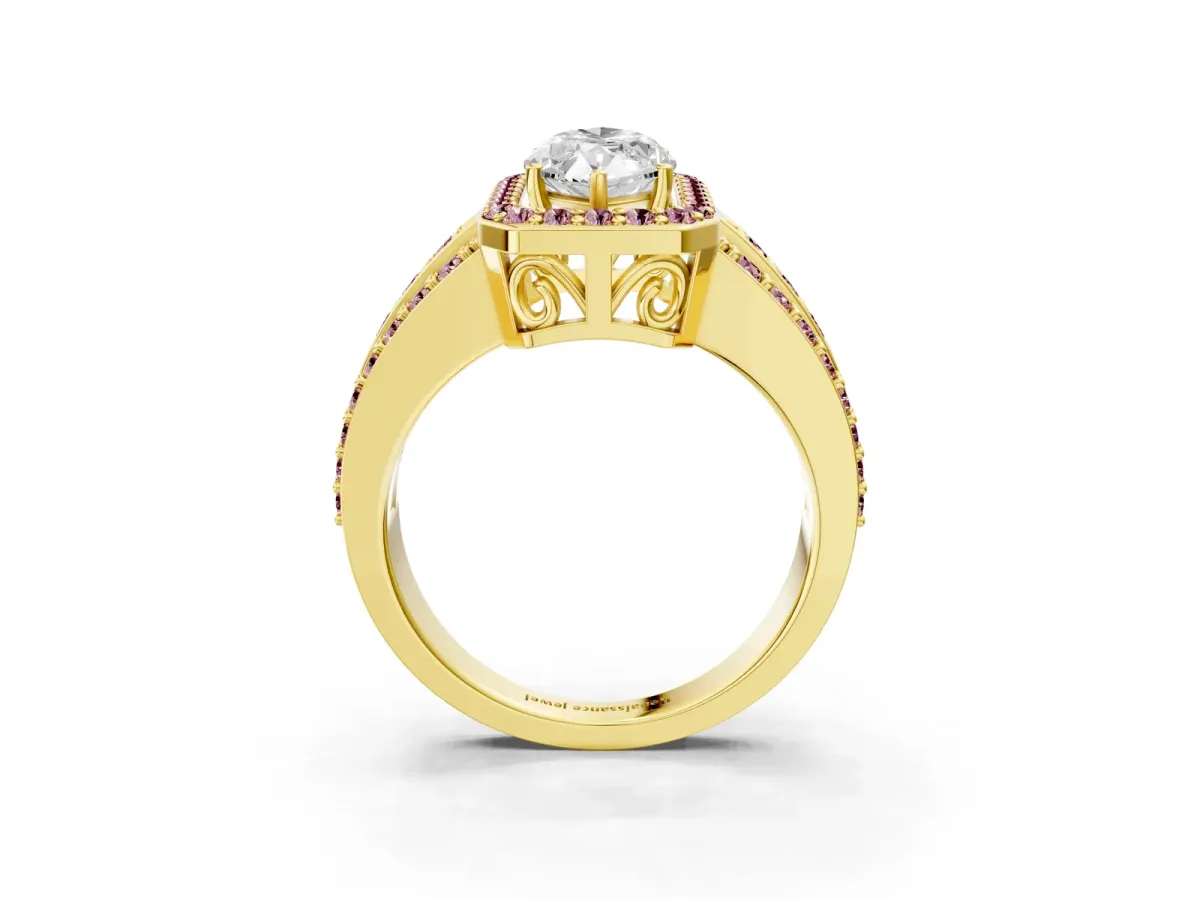 Marquise Cut Halo Diamond Ring with Round Morganite Split Shank and Prong Setting Yellow gold