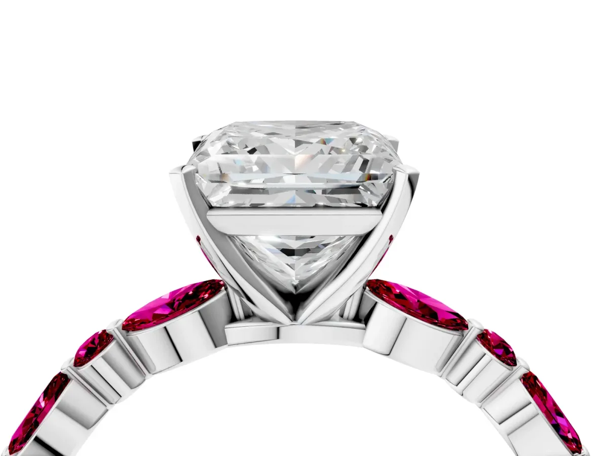 Princess Cut Diamond Ring with Marquise and Round Garnet Side Stones and Four-Prong Setting White gold