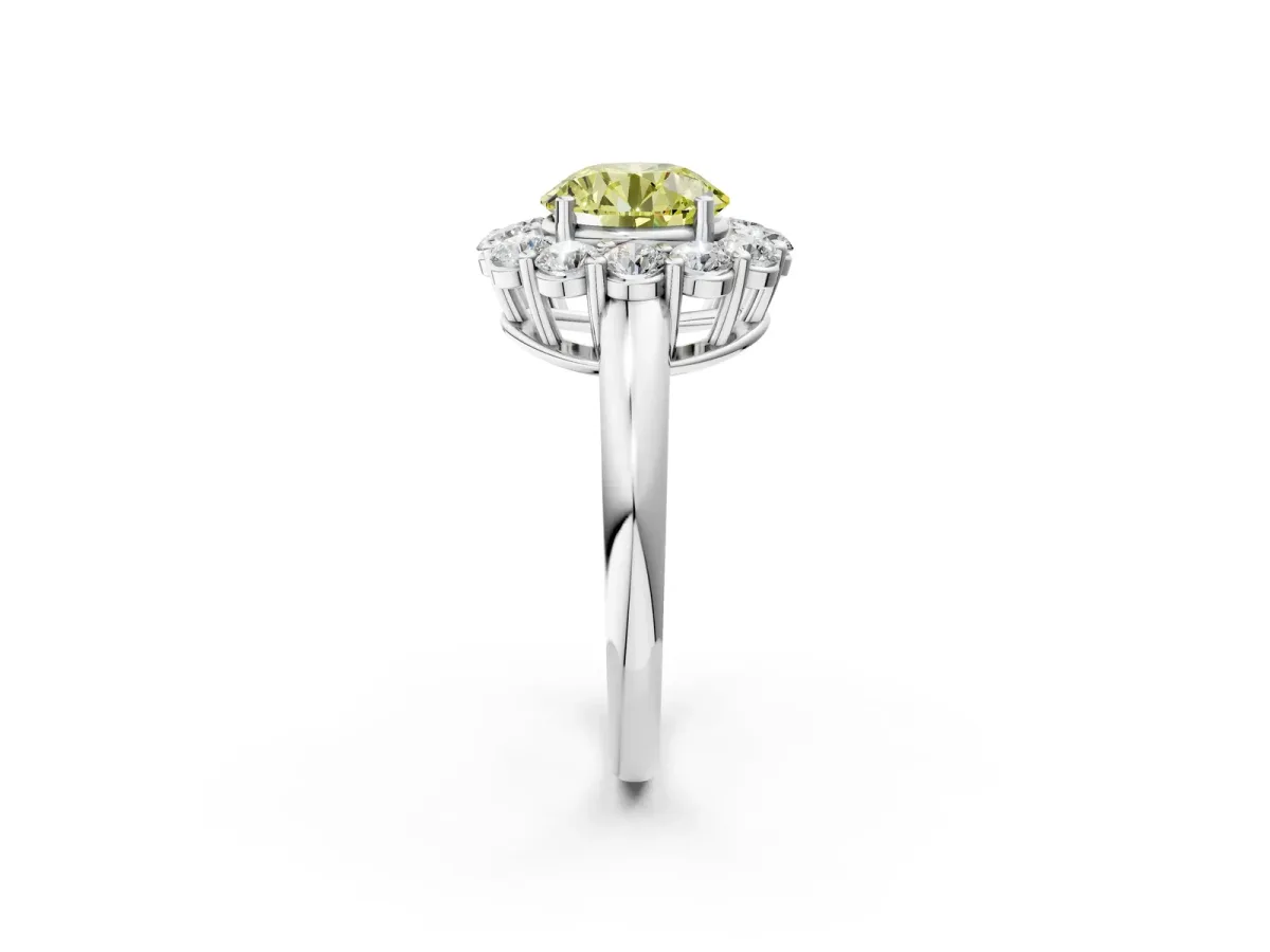 Fancy Yellow Round Cut Halo Cluster Diamond Engagement Ring with Prong Setting and Polished Band White gold