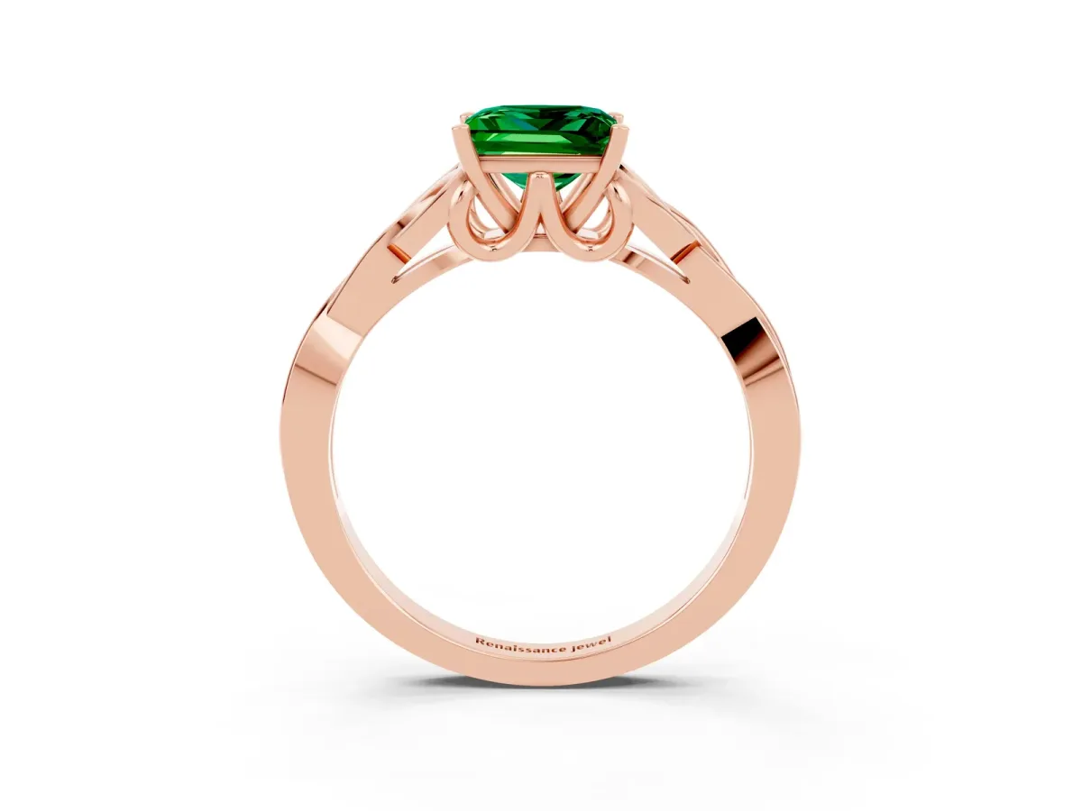 Princess Cut Emerald Solitaire Celtic Knot Ring with Four-Prong Setting Rose gold