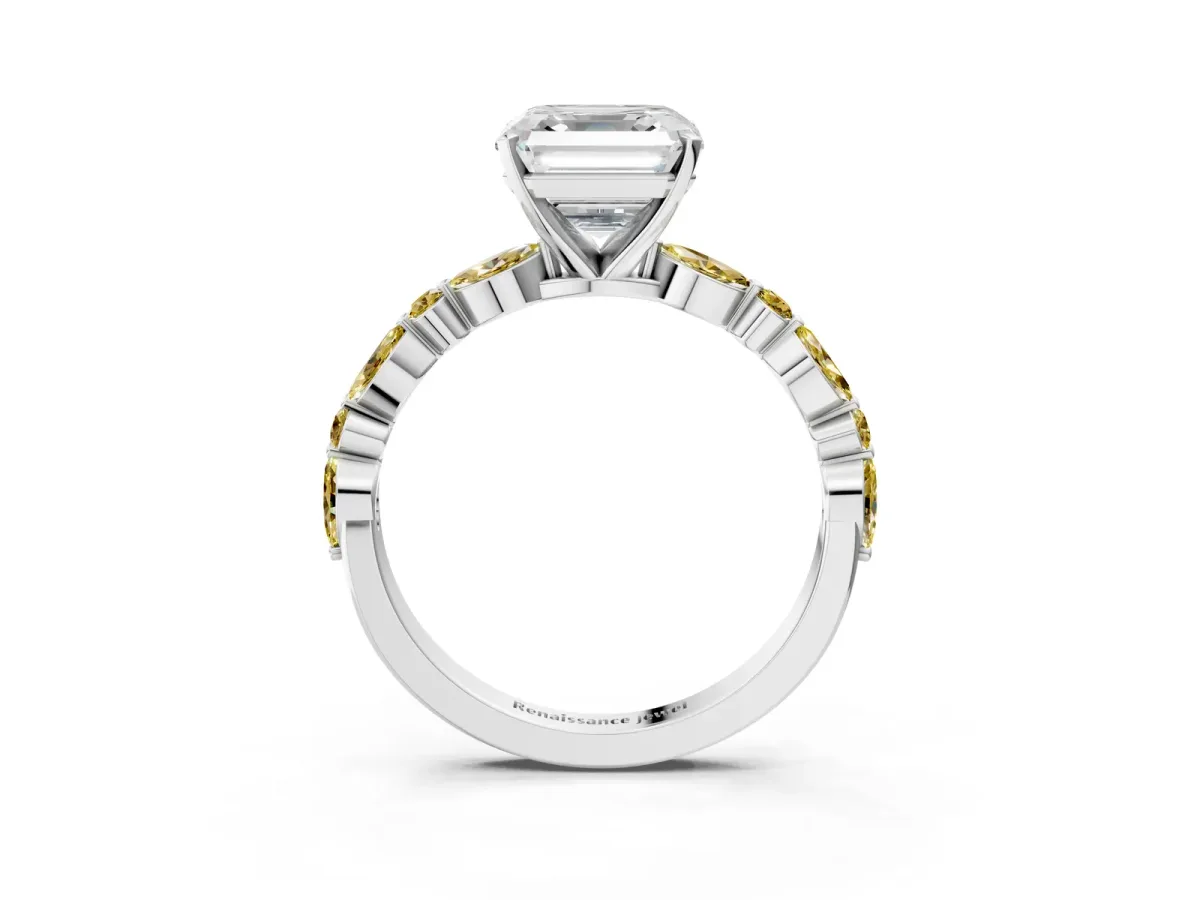 Asscher Cut Diamond Ring with Marquise and Round Yellow Sapphire Side Stones and Four-Prong Setting White gold