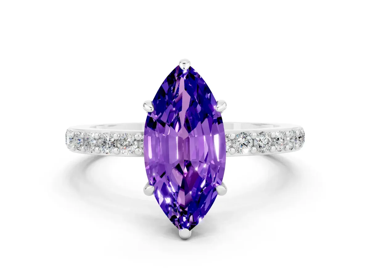 Marquise Cut Tanzanite Solitaire Engagement Ring with Pavé Band and Four-Prong Setting White gold