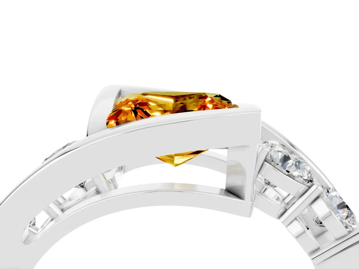 Bezel Set Princess Cut Citrine Bypass Ring with Round Accents Platinum