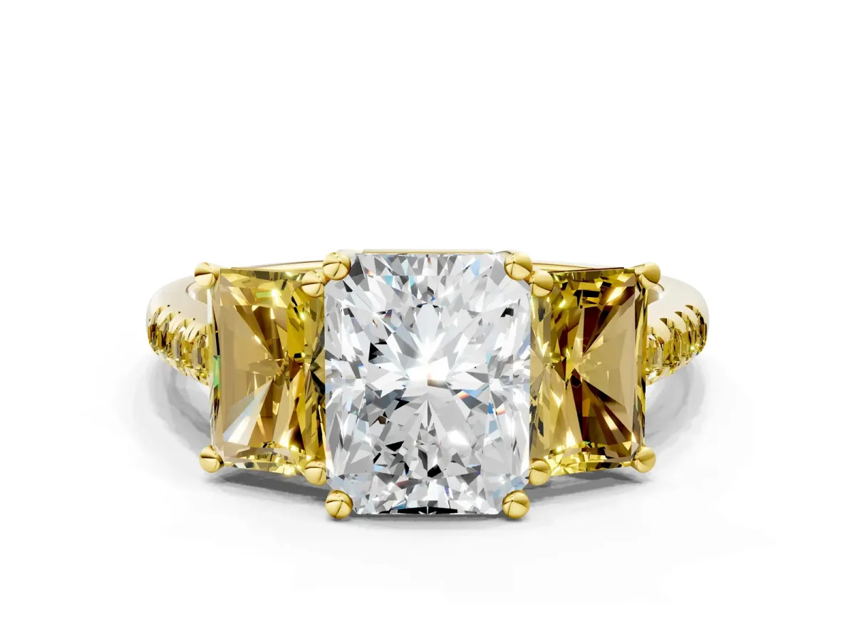 Three-Stone Radiant Cut Diamond Ring with Round Yellow Sapphire Pavé Band and Prong Setting Yellow gold