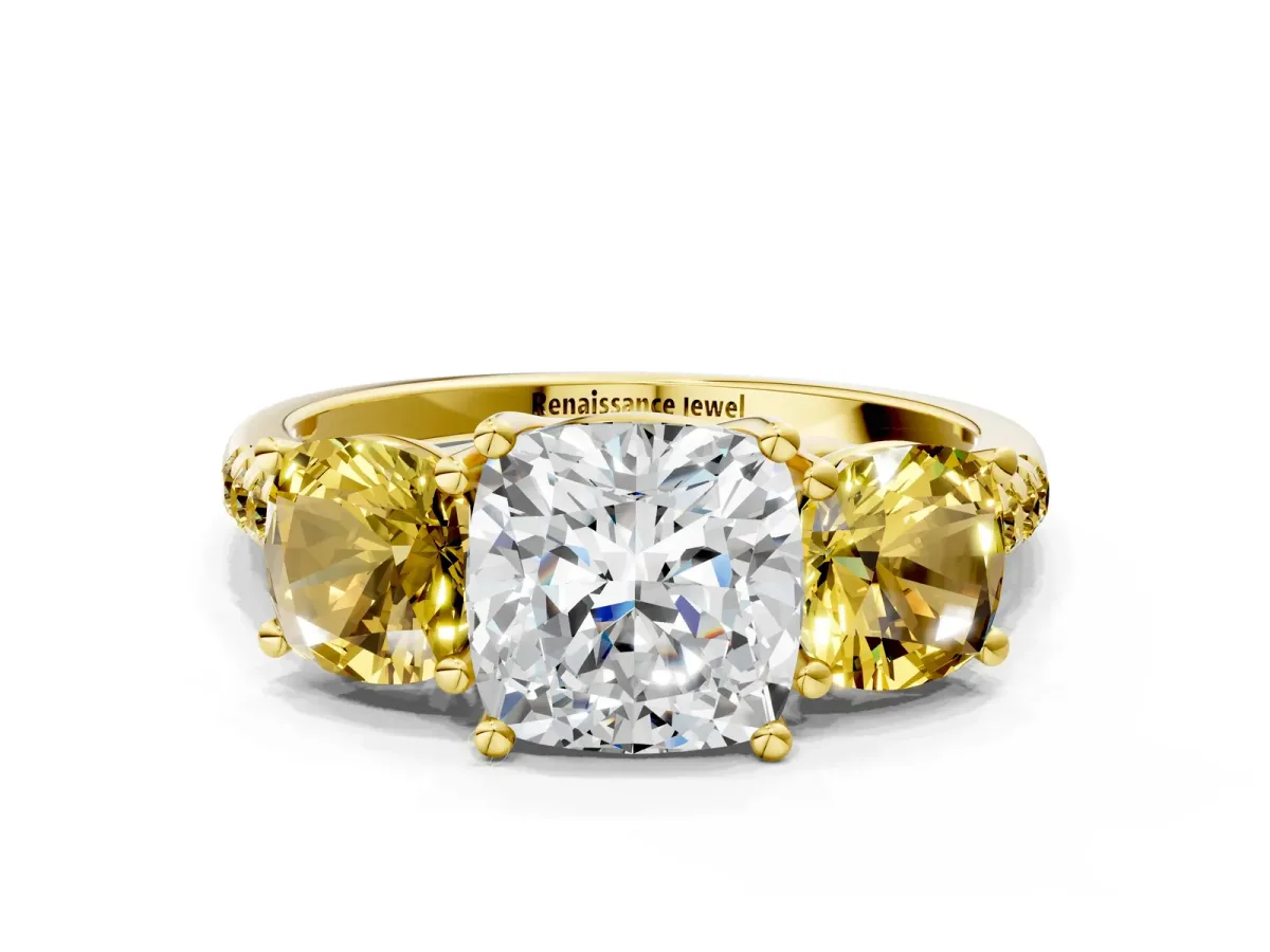 Three-Stone Cushion Cut Diamond Ring with Round Yellow Sapphire Pavé Band and Prong Setting Yellow gold
