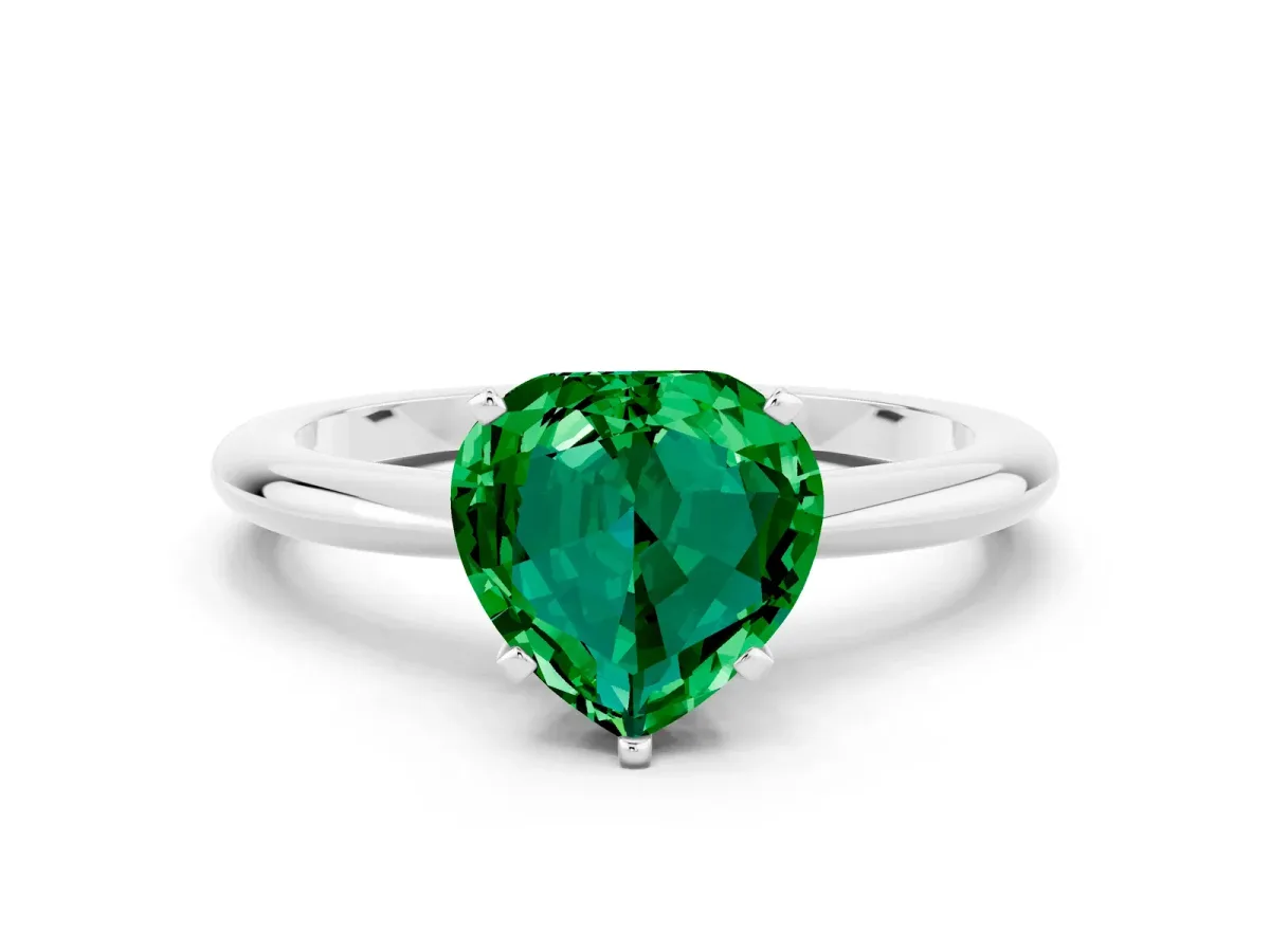 Heart Cut Emerald Solitaire Ring with Six-Prong Setting and Classic Band Platinum