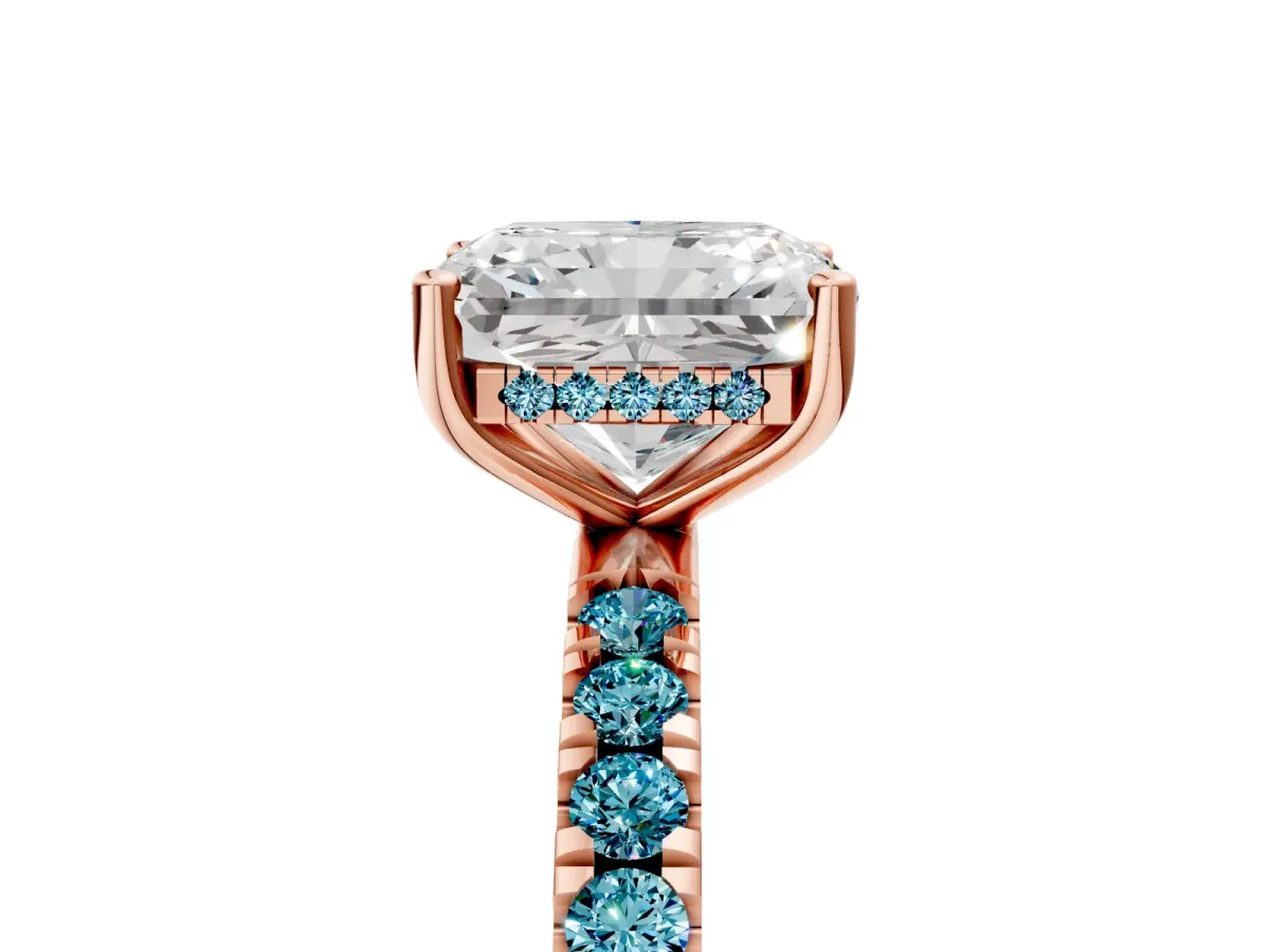 Radiant Cut Diamond Pave Band Solitaire Ring with Round Blue Topaz and Prong Setting Rose gold