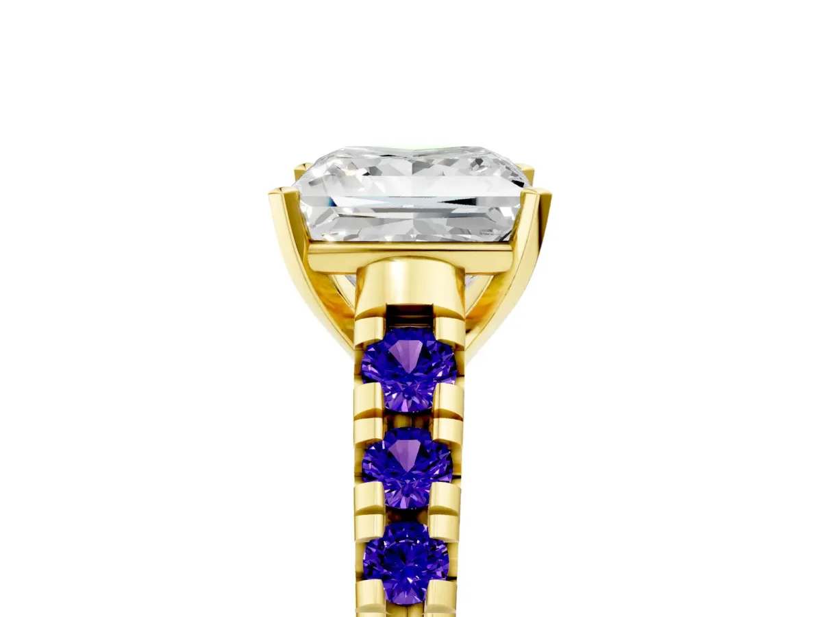 Princess Cut Diamond Cathedral Solitaire Ring with Round Tanzanite Pavé Band Yellow gold
