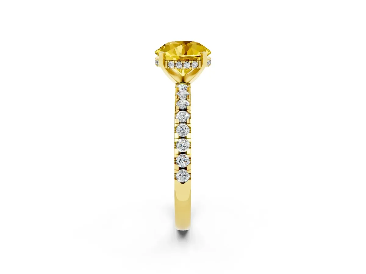 Round Cut Yellow Sapphire Solitaire Ring with Round Pavé Band and Four-Prong Setting Yellow gold