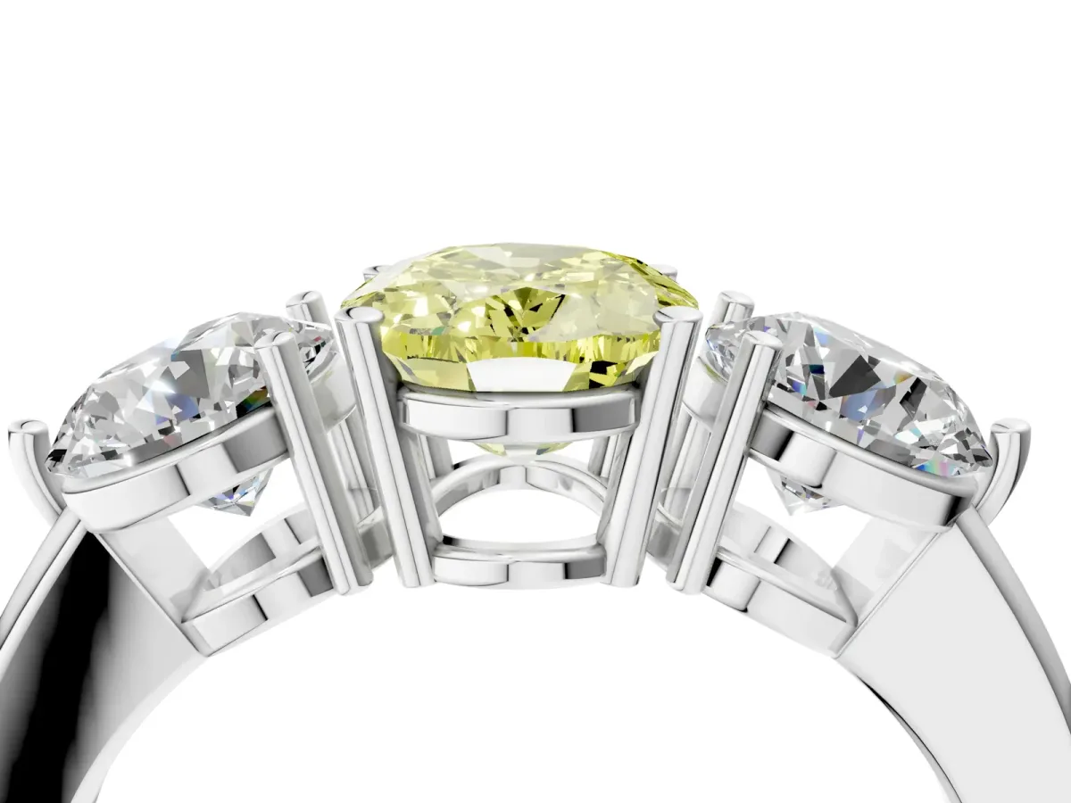 Fancy Yellow Oval Cut Diamond Three-Stone Ring with Prong Setting and Classic Band White gold