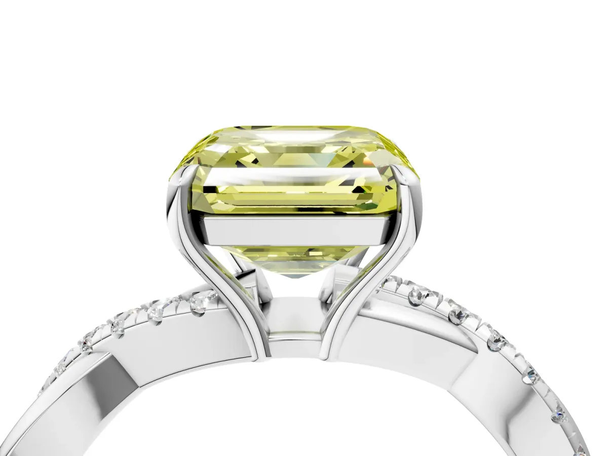 Fancy Yellow Asscher Cut Cut Diamond Twisted Band with Pavé Setting and Four-Prong Setting Platinum
