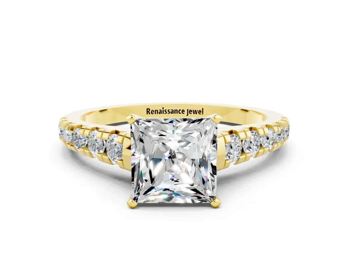Princess Cut Moissanite Cathedral Solitaire Ring with Round Pavé Band Yellow gold