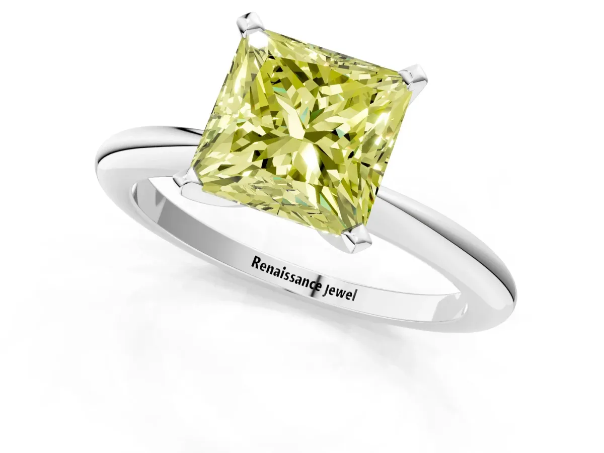 Fancy Yellow Princess Cut Diamond Solitaire Ring with Six-Prong Setting and Classic Band Silver