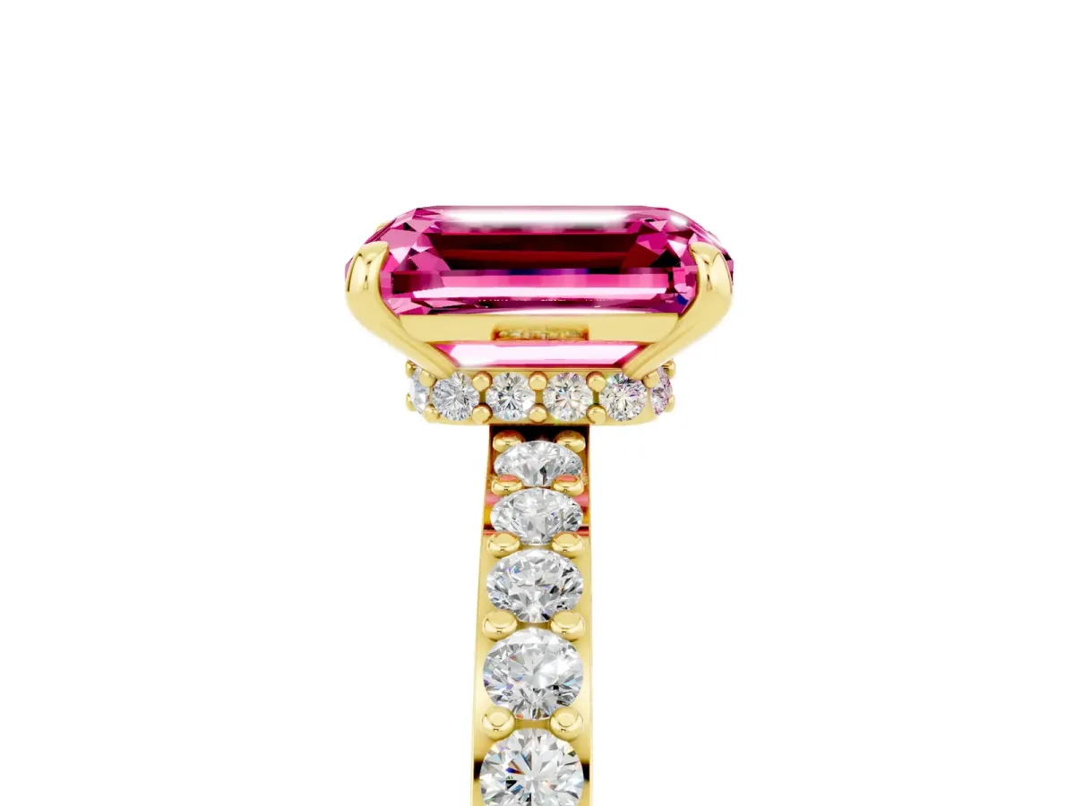 Emerald Cut Pink Sapphire Solitaire Engagement Ring with Pavé Band and Four-Prong Setting Yellow gold