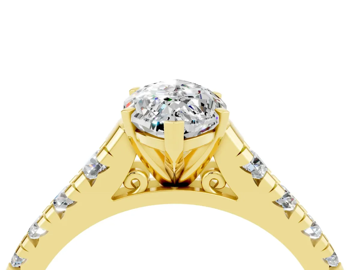 Marquise Cut Moissanite Cathedral Solitaire Ring with Round Pavé Band Yellow gold