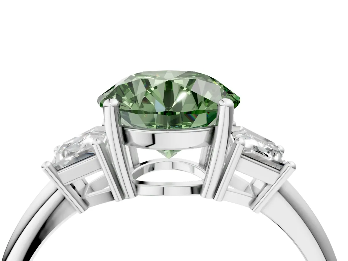 Fancy Green Round Cut Diamond Three-Stone Ring with Trapezoid Side Stones and Prong Setting Silver