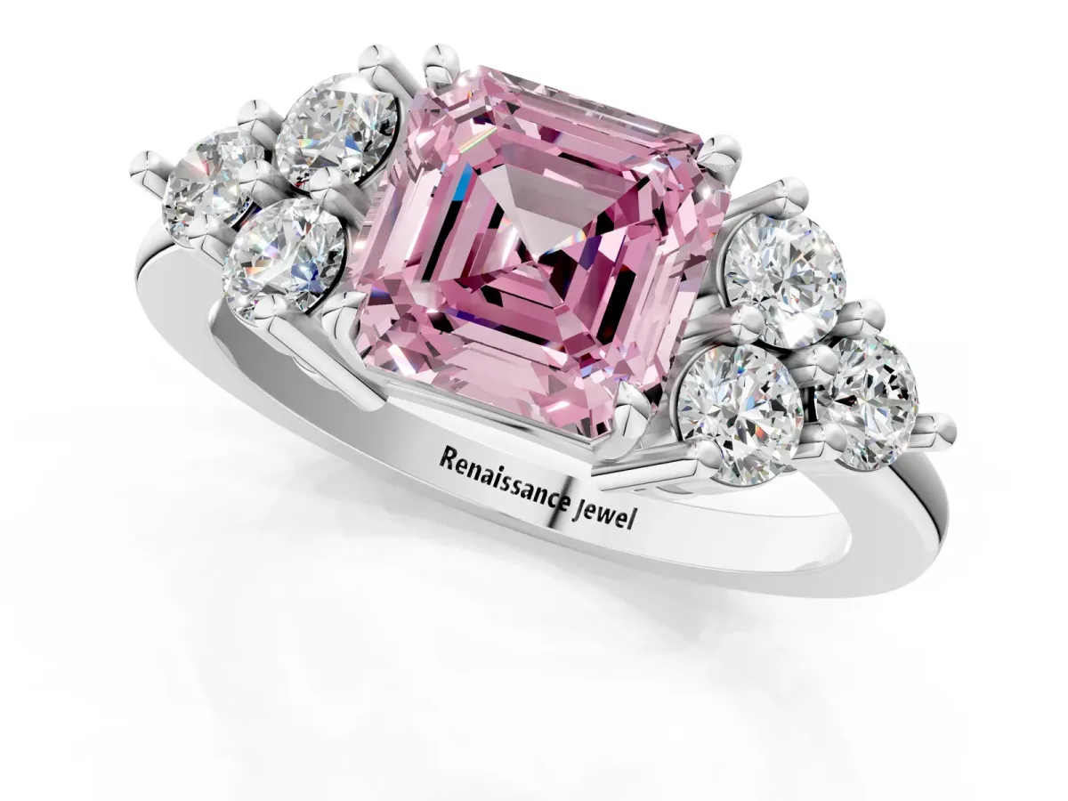 Fancy Pink Asscher Cut Brilliant Diamond Cluster Accent Solitaire Ring with Prong Setting Platinum