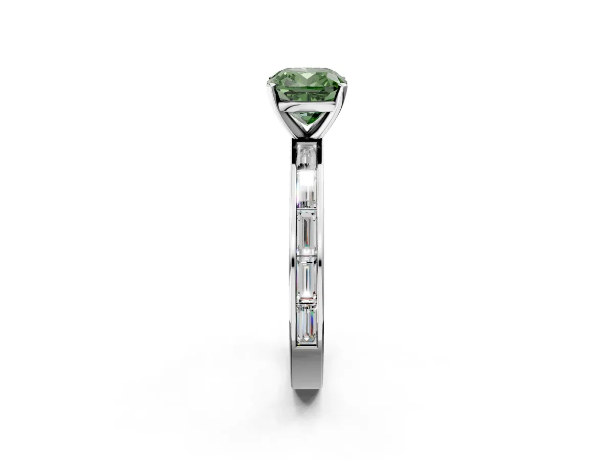 Fancy Green Cushion Cut Solitaire Diamond Ring with Channel-Set Baguette Band and Four-Prong Setting White gold