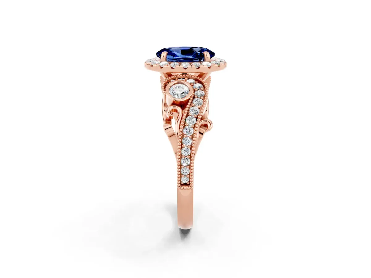 Oval Cut Blue Sapphire Halo Ring with Milgrain Pavé Band and Four-Prong Setting Rose gold