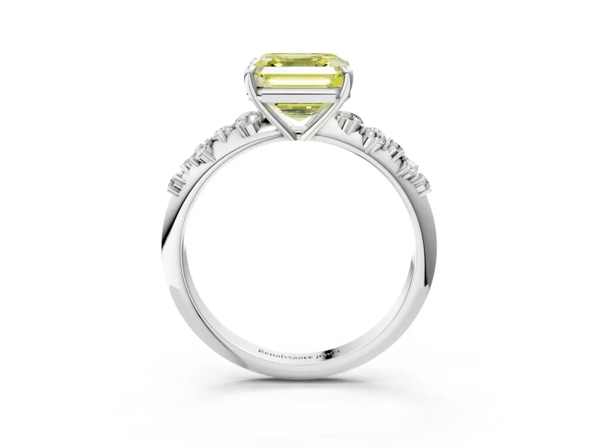 Fancy Yellow Asscher Cut Diamond Cluster Side Stone Solitaire Ring with Prong Setting Platinum