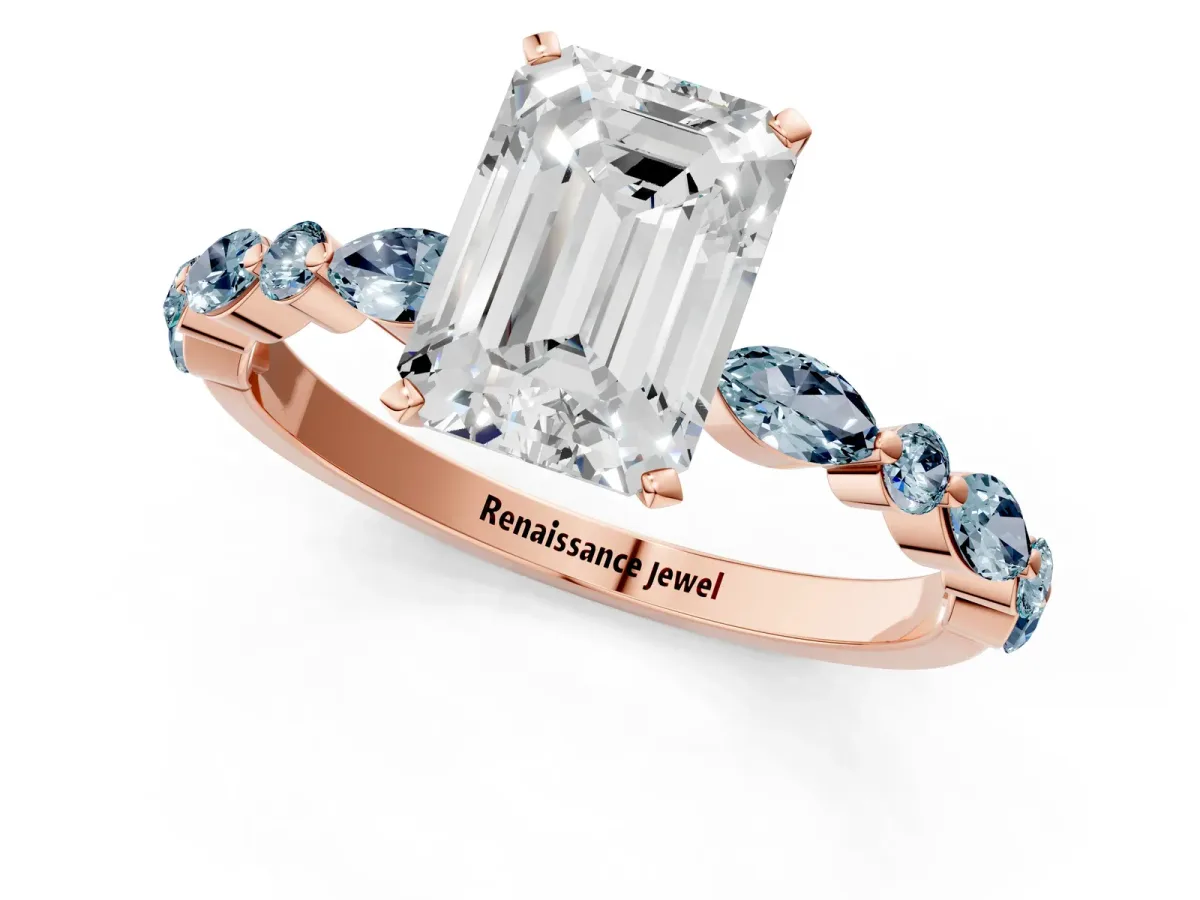 Emerald Cut Diamond Ring with Marquise and Round Aquamarine Side Stones and Four-Prong Setting Rose gold