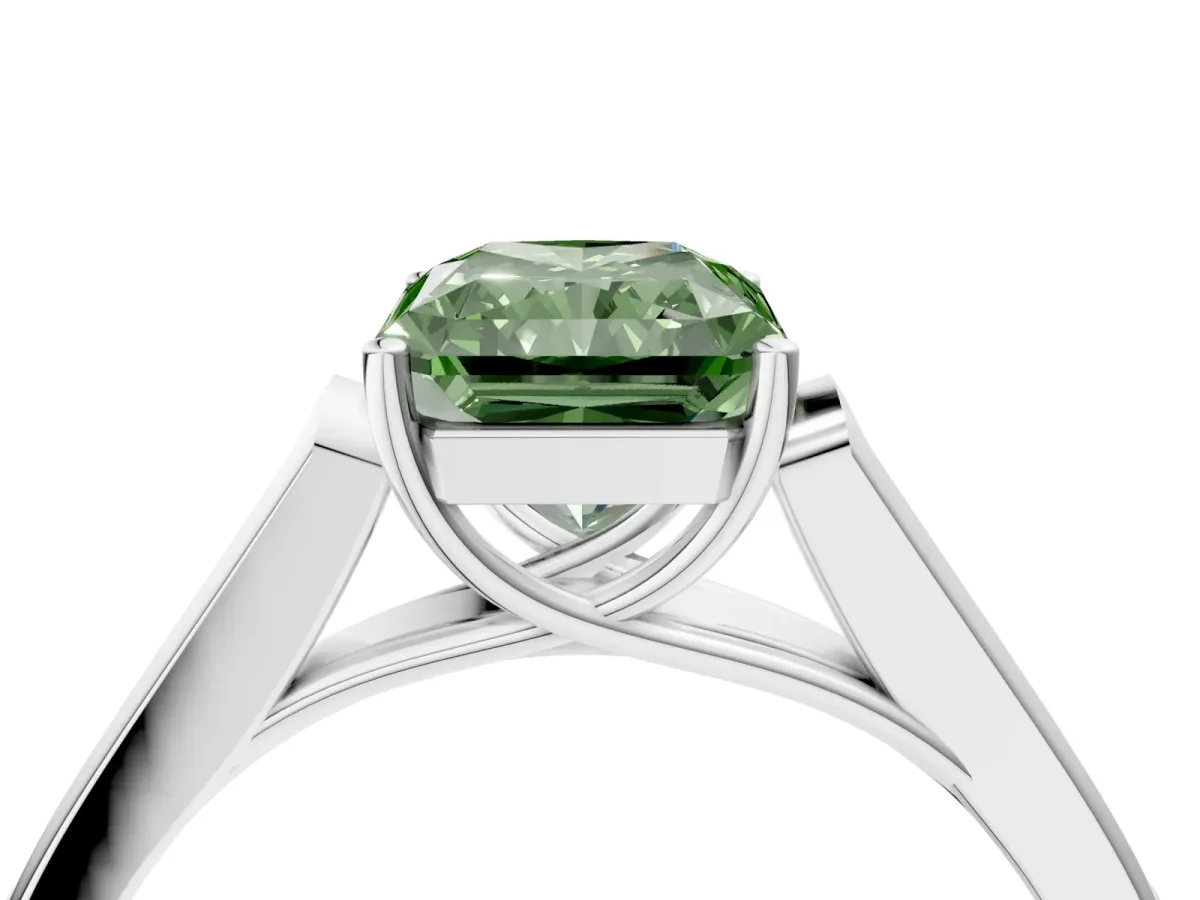 Fancy Green Radiant Cut Solitaire Cathedral Diamond Engagement Ring with Channel-Set Band and Four-Prong Setting Platinum