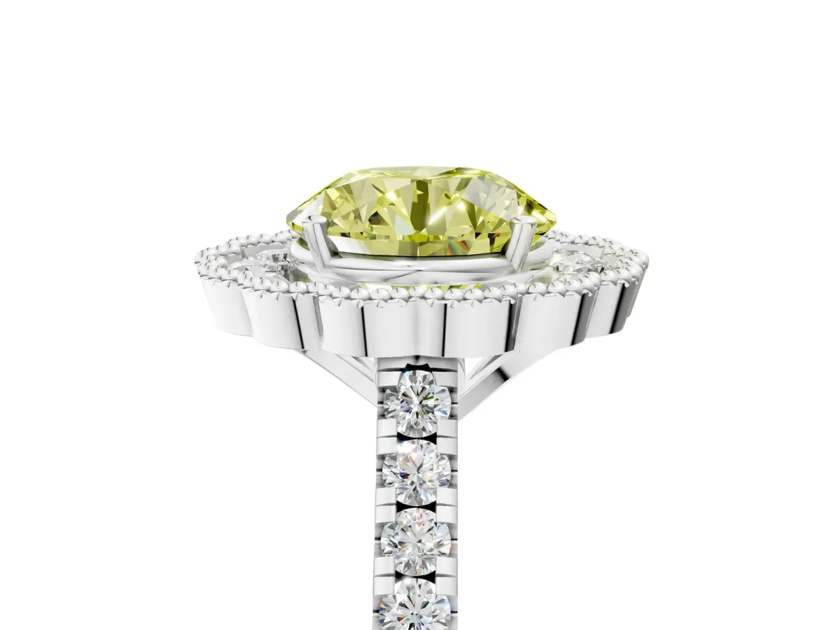 Fancy Yellow Round Cut Cut Diamond Milgrain Floral Halo Engagement Ring with Pavé Band Silver