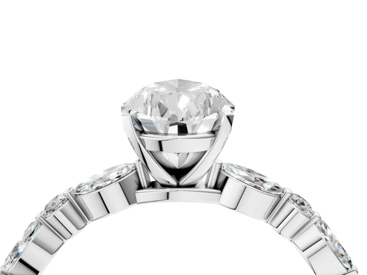 Pear Cut Diamond Ring with Marquise and Round Moissanite Side Stones and Four-Prong Setting White gold